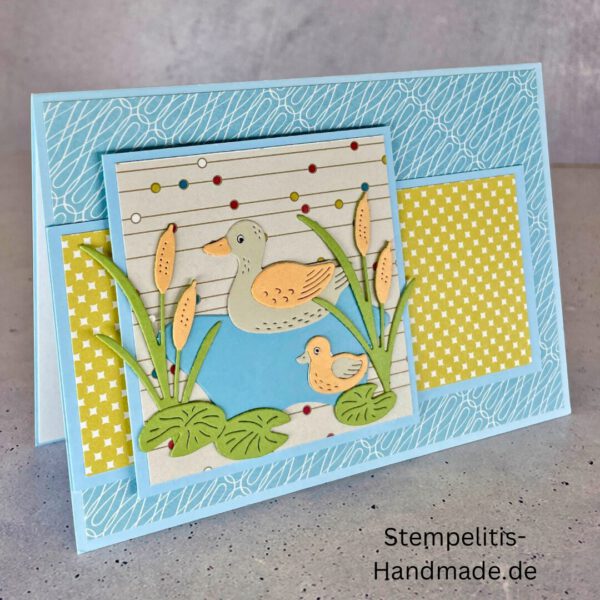 Ententeich, Stampin Up, Stempelset, handmade, Karte, Basteln, Enten, Teich, Frösche, Rohrkolben, Sumpfpflanzen, Geburtstag, Freundschaft, Grußkarte, DIY, Kolorieren, Klarsichtstempel, Scrapbooking, Papierbasteln, Bastelideen, Karten gestalten, Motivstempel, Bastelzubehör, kreative Karten, Stempeln, Stempelmotive, Bastelset, Bastelkarte, Kartenbasteln, Bastelprojekt, Handarbeit, selbstgemacht, Bastelstempel, Bastelspaß, Bastelfreude