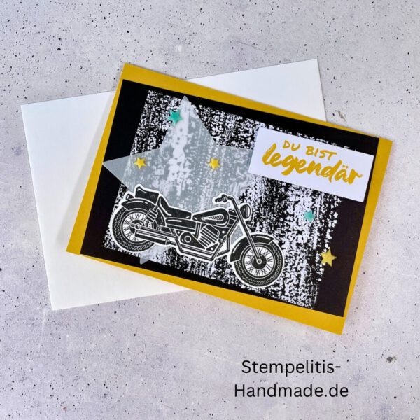 Motorradkarte, handgemacht, Du bist legendär, Stampin Up, Acrylakzente, Sterne, Männerkarte, Biker, Geburtstagskarte, Unikat, Grußkarte, Karte für Männer, Handmade, Geschenkidee, Motorradfahrer, Kartenbasteln
