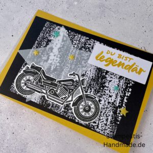 Motorradkarte, handgemacht, Du bist legendär, Stampin Up, Acrylakzente, Sterne, Männerkarte, Biker, Geburtstagskarte, Unikat, Grußkarte, Karte für Männer, Handmade, Geschenkidee, Motorradfahrer, Kartenbasteln