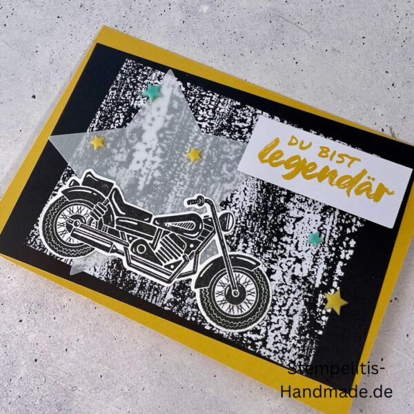 Motorradkarte, handgemacht, Du bist legendär, Stampin Up, Acrylakzente, Sterne, Männerkarte, Biker, Geburtstagskarte, Unikat, Grußkarte, Karte für Männer, Handmade, Geschenkidee, Motorradfahrer, Kartenbasteln