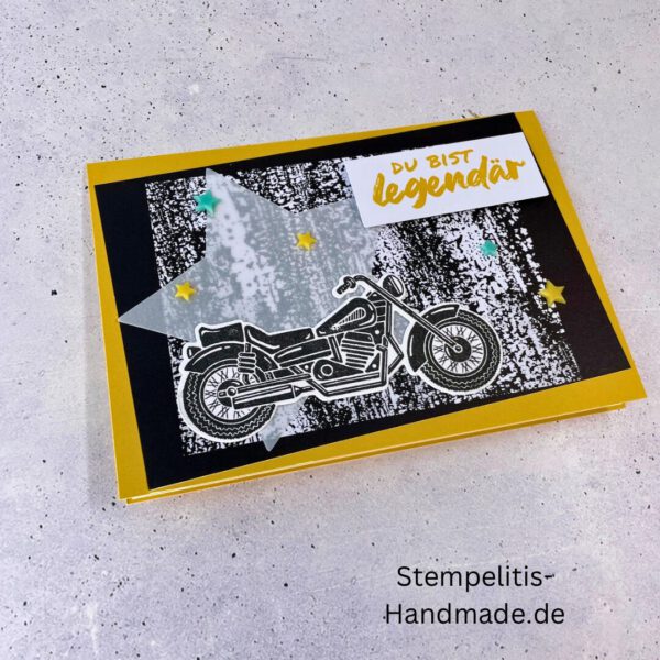 Motorradkarte, handgemacht, Du bist legendär, Stampin Up, Acrylakzente, Sterne, Männerkarte, Biker, Geburtstagskarte, Unikat, Grußkarte, Karte für Männer, Handmade, Geschenkidee, Motorradfahrer, Kartenbasteln