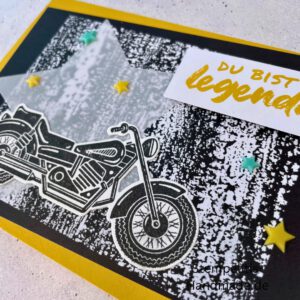 Motorradkarte, handgemacht, Du bist legendär, Stampin Up, Acrylakzente, Sterne, Männerkarte, Biker, Geburtstagskarte, Unikat, Grußkarte, Karte für Männer, Handmade, Geschenkidee, Motorradfahrer, Kartenbasteln