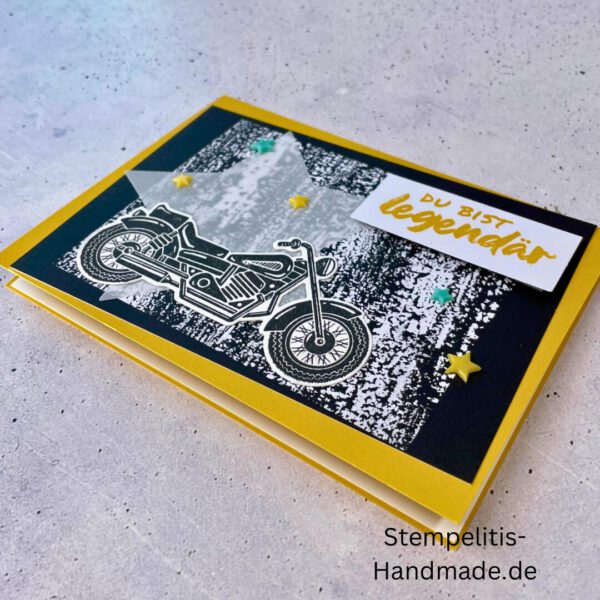 Motorradkarte, handgemacht, Du bist legendär, Stampin Up, Acrylakzente, Sterne, Männerkarte, Biker, Geburtstagskarte, Unikat, Grußkarte, Karte für Männer, Handmade, Geschenkidee, Motorradfahrer, Kartenbasteln