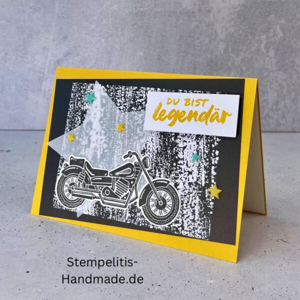 Motorradkarte, handgemacht, Du bist legendär, Stampin Up, Acrylakzente, Sterne, Männerkarte, Biker, Geburtstagskarte, Unikat, Grußkarte, Karte für Männer, Handmade, Geschenkidee, Motorradfahrer, Kartenbasteln