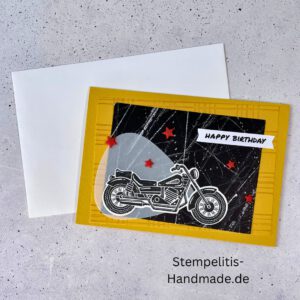 Motorradkarte, handgemacht, Du bist legendär, Stampin Up, Acrylakzente, Sterne, Männerkarte, Biker, Geburtstagskarte, Unikat, Grußkarte, Karte für Männer, Handmade, Geschenkidee, Motorradfahrer, Kartenbasteln