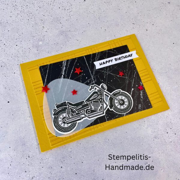 Motorradkarte, handgemacht, Du bist legendär, Stampin Up, Acrylakzente, Sterne, Männerkarte, Biker, Geburtstagskarte, Unikat, Grußkarte, Karte für Männer, Handmade, Geschenkidee, Motorradfahrer, Kartenbasteln