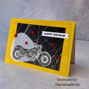 Motorradkarte, handgemacht, Du bist legendär, Stampin Up, Acrylakzente, Sterne, Männerkarte, Biker, Geburtstagskarte, Unikat, Grußkarte, Karte für Männer, Handmade, Geschenkidee, Motorradfahrer, Kartenbasteln