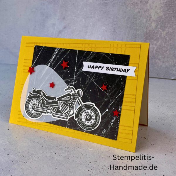 Motorradkarte, handgemacht, Du bist legendär, Stampin Up, Acrylakzente, Sterne, Männerkarte, Biker, Geburtstagskarte, Unikat, Grußkarte, Karte für Männer, Handmade, Geschenkidee, Motorradfahrer, Kartenbasteln