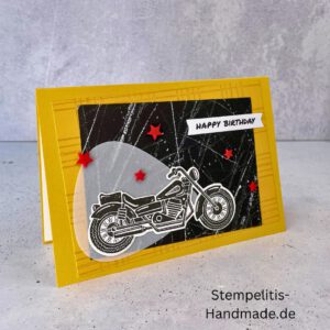 Motorradkarte, handgemacht, Du bist legendär, Stampin Up, Acrylakzente, Sterne, Männerkarte, Biker, Geburtstagskarte, Unikat, Grußkarte, Karte für Männer, Handmade, Geschenkidee, Motorradfahrer, Kartenbasteln