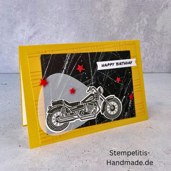 Motorradkarte, handgemacht, Du bist legendär, Stampin Up, Acrylakzente, Sterne, Männerkarte, Biker, Geburtstagskarte, Unikat, Grußkarte, Karte für Männer, Handmade, Geschenkidee, Motorradfahrer, Kartenbasteln