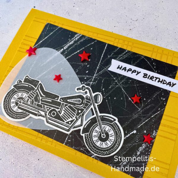 Motorradkarte, handgemacht, Du bist legendär, Stampin Up, Acrylakzente, Sterne, Männerkarte, Biker, Geburtstagskarte, Unikat, Grußkarte, Karte für Männer, Handmade, Geschenkidee, Motorradfahrer, Kartenbasteln