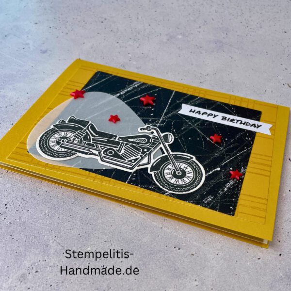 Motorradkarte, handgemacht, Du bist legendär, Stampin Up, Acrylakzente, Sterne, Männerkarte, Biker, Geburtstagskarte, Unikat, Grußkarte, Karte für Männer, Handmade, Geschenkidee, Motorradfahrer, Kartenbasteln