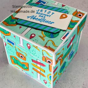 Explosionsbox außen, Geschenkverpackung zu, Motivkarte Reise, Papierdesign Urlaub, kleine Box mit Deckel, DIY Verpackung handgemacht