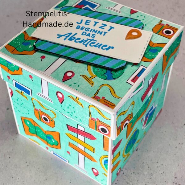 Explosionsbox außen, Geschenkverpackung zu, Motivkarte Reise, Papierdesign Urlaub, kleine Box mit Deckel, DIY Verpackung handgemacht