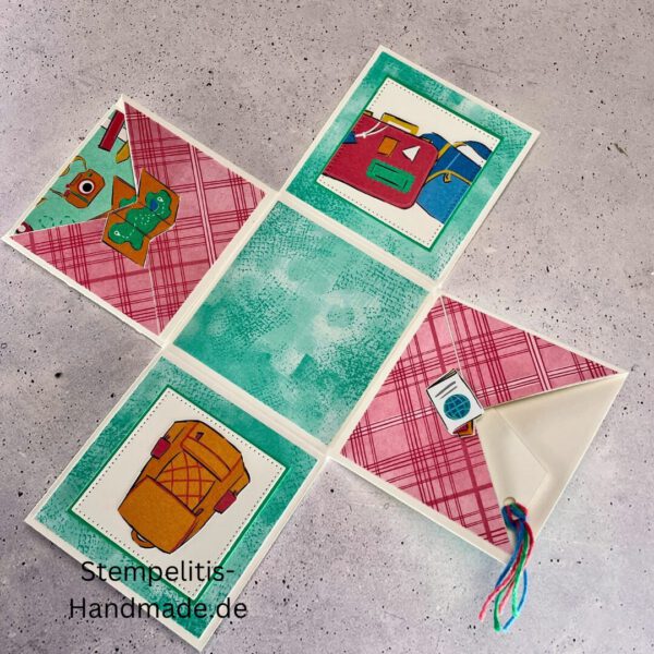 Explosionsbox mit Fach für Nachricht oder Gutschein, bunte Innenklappen, Handmade Geschenkidee, Stampin Up Papier, Geschenk zur Auszeit