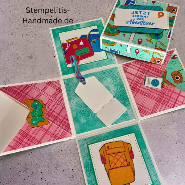Explosionsbox Geld verschenken, handgemachte Verpackung, Geschenkverpackung Urlaub, Geldgeschenk zur Reise, Box 7 cm Bastelidee, Stampin Up Explosionsbox, Reise Geschenkidee