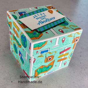 Explosionsbox Reise, Geschenkbox handgemacht, Geschenkidee Urlaub, Geldgeschenk Reise, Explosionsbox 7 cm, Stampin Up Karte, Rucksack Motiv, Abschiedsgeschenk Reise