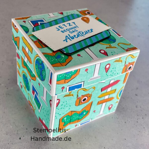 Explosionsbox Reise, Geschenkbox handgemacht, Geschenkidee Urlaub, Geldgeschenk Reise, Explosionsbox 7 cm, Stampin Up Karte, Rucksack Motiv, Abschiedsgeschenk Reise