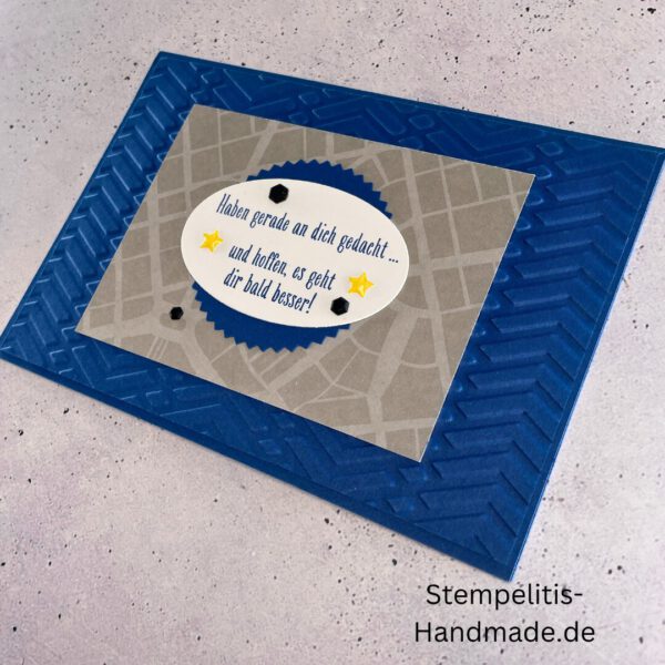 handgemachte Karte zur Genesung, Karte Wir denken an dich, Genesungskarte blau grau, Karte mit Prägung, Stampin’ Up Karte gute Besserung, selbstgemachte Karte für Kranke, Grußkarte Krankheit Aufmunterung