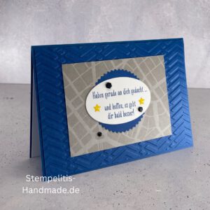 handgemachte Karte zur Genesung, Karte Wir denken an dich, Genesungskarte blau grau, Karte mit Prägung, Stampin’ Up Karte gute Besserung, selbstgemachte Karte für Kranke, Grußkarte Krankheit Aufmunterung