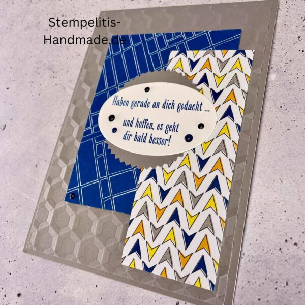 handgemachte Karte zur Genesung, Karte Wir denken an dich, Genesungskarte blau grau, Karte mit Prägung, Stampin’ Up Karte gute Besserung, selbstgemachte Karte für Kranke, Grußkarte Krankheit Aufmunterung