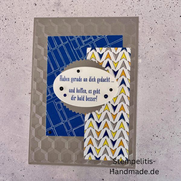 handgemachte Karte zur Genesung, Karte Wir denken an dich, Genesungskarte blau grau, Karte mit Prägung, Stampin’ Up Karte gute Besserung, selbstgemachte Karte für Kranke, Grußkarte Krankheit Aufmunterung