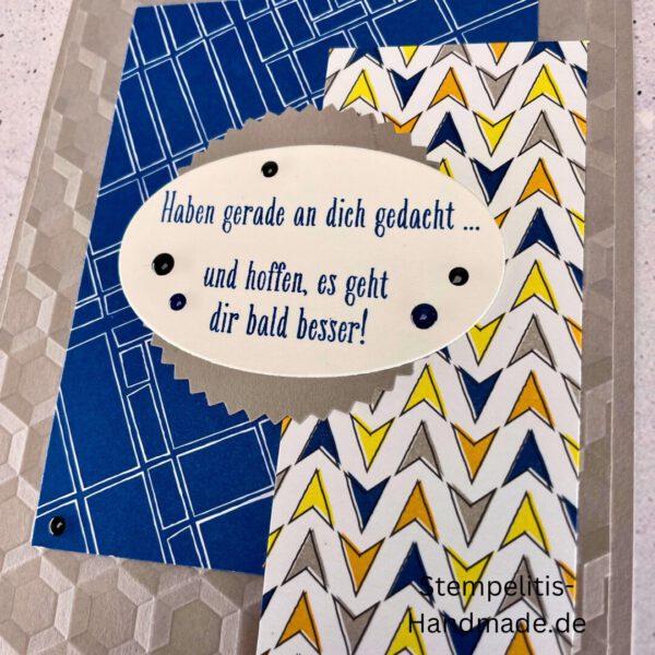handgemachte Karte zur Genesung, Karte Wir denken an dich, Genesungskarte blau grau, Karte mit Prägung, Stampin’ Up Karte gute Besserung, selbstgemachte Karte für Kranke, Grußkarte Krankheit Aufmunterung