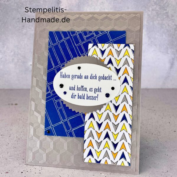 handgemachte Karte zur Genesung, Karte Wir denken an dich, Genesungskarte blau grau, Karte mit Prägung, Stampin’ Up Karte gute Besserung, selbstgemachte Karte für Kranke, Grußkarte Krankheit Aufmunterung