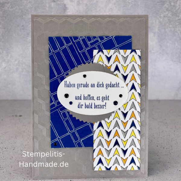 handgemachte Karte zur Genesung, Karte Wir denken an dich, Genesungskarte blau grau, Karte mit Prägung, Stampin’ Up Karte gute Besserung, selbstgemachte Karte für Kranke, Grußkarte Krankheit Aufmunterung