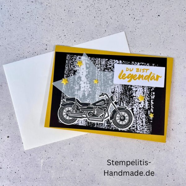 Motorradkarte, handgemacht, Du bist legendär, Stampin Up, Acrylakzente, Sterne, Männerkarte, Biker, Geburtstagskarte, Unikat, Grußkarte, Karte für Männer, Handmade, Geschenkidee, Motorradfahrer, Kartenbasteln