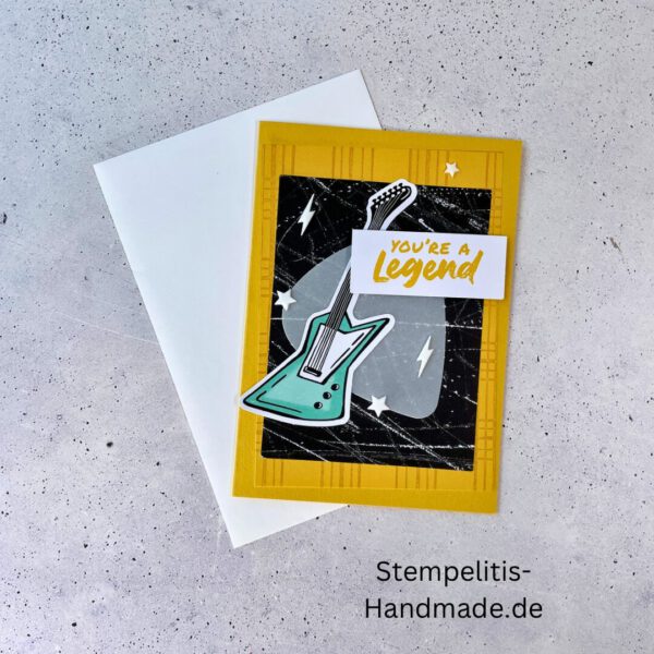 Gitarre, handgemacht, Du bist legendär, You. are legend, Stampin Up, Acrylakzente, Sterne, Männerkarte, Geburtstagskarte, Unikat, Grußkarte, Karte für Männer, Handmade, Geschenkidee, Musiker, Musik, Rock, Kartenbasteln