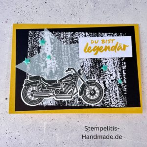 Motorradkarte, handgemacht, Du bist legendär, Stampin Up, Acrylakzente, Sterne, Männerkarte, Biker, Geburtstagskarte, Unikat, Grußkarte, Karte für Männer, Handmade, Geschenkidee, Motorradfahrer, Kartenbasteln