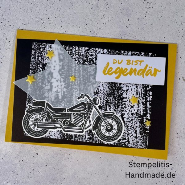 Motorradkarte, handgemacht, Du bist legendär, Stampin Up, Acrylakzente, Sterne, Männerkarte, Biker, Geburtstagskarte, Unikat, Grußkarte, Karte für Männer, Handmade, Geschenkidee, Motorradfahrer, Kartenbasteln