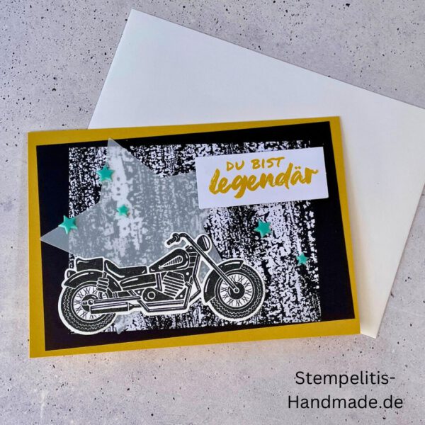 Motorradkarte, handgemacht, Du bist legendär, Stampin Up, Acrylakzente, Sterne, Männerkarte, Biker, Geburtstagskarte, Unikat, Grußkarte, Karte für Männer, Handmade, Geschenkidee, Motorradfahrer, Kartenbasteln