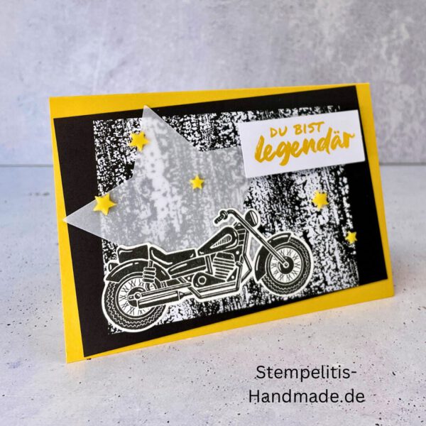 Motorradkarte, handgemacht, Du bist legendär, Stampin Up, Acrylakzente, Sterne, Männerkarte, Biker, Geburtstagskarte, Unikat, Grußkarte, Karte für Männer, Handmade, Geschenkidee, Motorradfahrer, Kartenbasteln