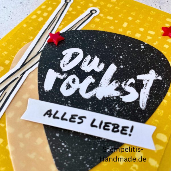 Fitarre handgemacht, Du bist legendär, You. are legend, Stampin Up, Acrylakzente, Sterne, Männerkarte, Geburtstagskarte, Unikat, Grußkarte, Karte für Männer, Handmade, Geschenkidee, Musiker, Musik, Rock, Kartenbasteln