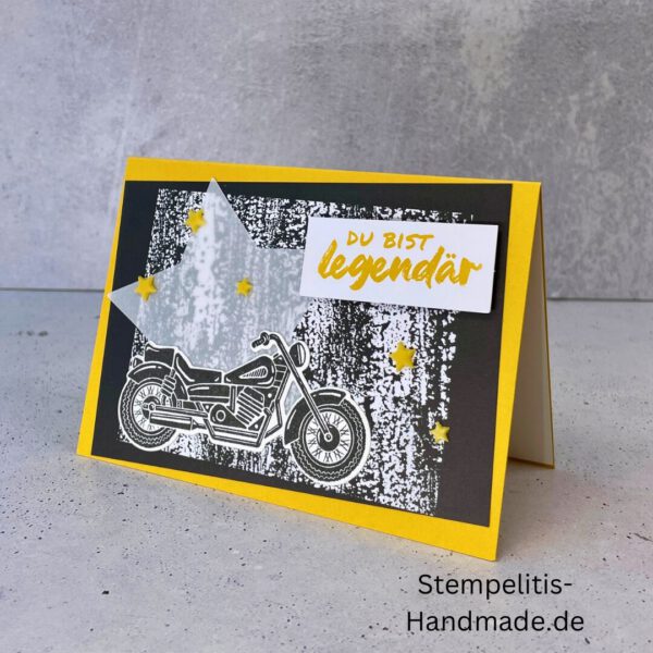 Motorradkarte, handgemacht, Du bist legendär, Stampin Up, Acrylakzente, Sterne, Männerkarte, Biker, Geburtstagskarte, Unikat, Grußkarte, Karte für Männer, Handmade, Geschenkidee, Motorradfahrer, Kartenbasteln