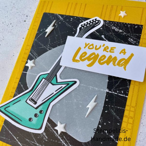 Gitarre, handgemacht, Du bist legendär, You. are legend, Stampin Up, Acrylakzente, Sterne, Männerkarte, Geburtstagskarte, Unikat, Grußkarte, Karte für Männer, Handmade, Geschenkidee, Musiker, Musik, Rock, Kartenbasteln
