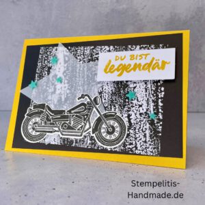 Motorradkarte, handgemacht, Du bist legendär, Stampin Up, Acrylakzente, Sterne, Männerkarte, Biker, Geburtstagskarte, Unikat, Grußkarte, Karte für Männer, Handmade, Geschenkidee, Motorradfahrer, Kartenbasteln