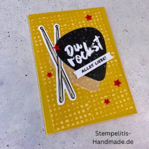 Fitarre handgemacht, Du bist legendär, You. are legend, Stampin Up, Acrylakzente, Sterne, Männerkarte, Geburtstagskarte, Unikat, Grußkarte, Karte für Männer, Handmade, Geschenkidee, Musiker, Musik, Rock, Kartenbasteln