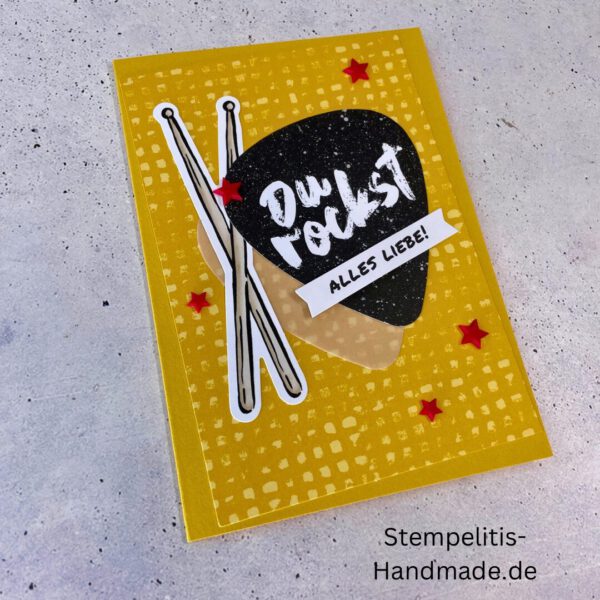 Fitarre handgemacht, Du bist legendär, You. are legend, Stampin Up, Acrylakzente, Sterne, Männerkarte, Geburtstagskarte, Unikat, Grußkarte, Karte für Männer, Handmade, Geschenkidee, Musiker, Musik, Rock, Kartenbasteln