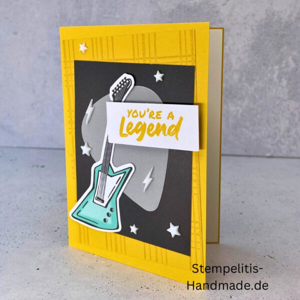 Fitarre handgemacht, Du bist legendär, You. are legend, Stampin Up, Acrylakzente, Sterne, Männerkarte, Geburtstagskarte, Unikat, Grußkarte, Karte für Männer, Handmade, Geschenkidee, Musiker, Musik, Rock, Kartenbasteln