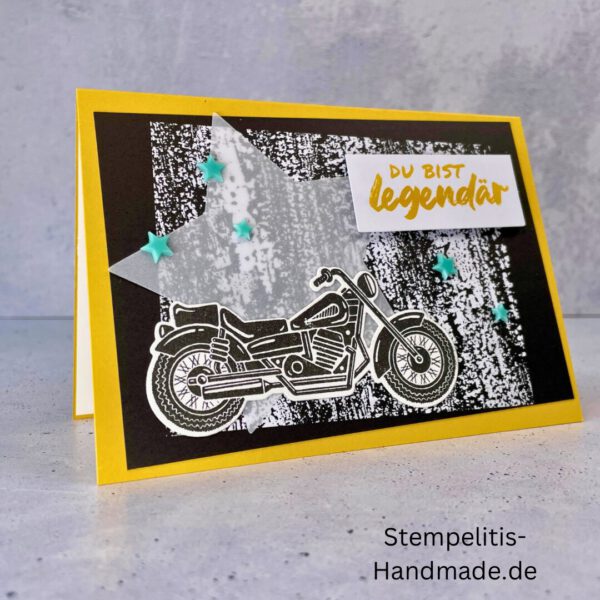 Motorradkarte, handgemacht, Du bist legendär, Stampin Up, Acrylakzente, Sterne, Männerkarte, Biker, Geburtstagskarte, Unikat, Grußkarte, Karte für Männer, Handmade, Geschenkidee, Motorradfahrer, Kartenbasteln