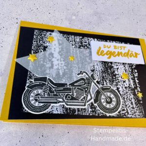 Motorradkarte, handgemacht, Du bist legendär, Stampin Up, Acrylakzente, Sterne, Männerkarte, Biker, Geburtstagskarte, Unikat, Grußkarte, Karte für Männer, Handmade, Geschenkidee, Motorradfahrer, Kartenbasteln