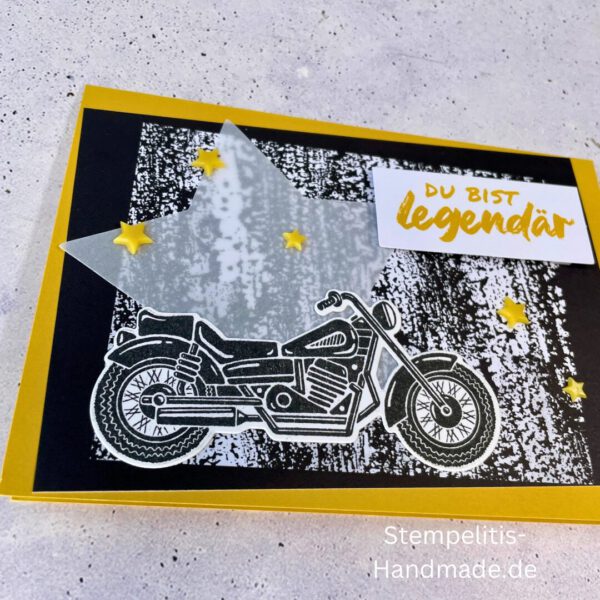 Motorradkarte, handgemacht, Du bist legendär, Stampin Up, Acrylakzente, Sterne, Männerkarte, Biker, Geburtstagskarte, Unikat, Grußkarte, Karte für Männer, Handmade, Geschenkidee, Motorradfahrer, Kartenbasteln