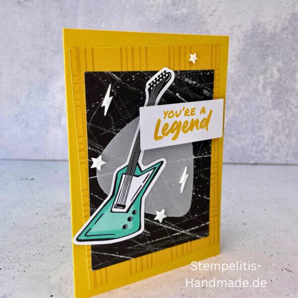 Gitarre, handgemacht, Du bist legendär, You. are legend, Stampin Up, Acrylakzente, Sterne, Männerkarte, Geburtstagskarte, Unikat, Grußkarte, Karte für Männer, Handmade, Geschenkidee, Musiker, Musik, Rock, Kartenbasteln