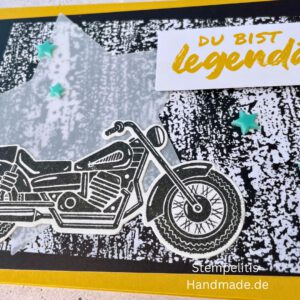 Motorradkarte, handgemacht, Du bist legendär, Stampin Up, Acrylakzente, Sterne, Männerkarte, Biker, Geburtstagskarte, Unikat, Grußkarte, Karte für Männer, Handmade, Geschenkidee, Motorradfahrer, Kartenbasteln