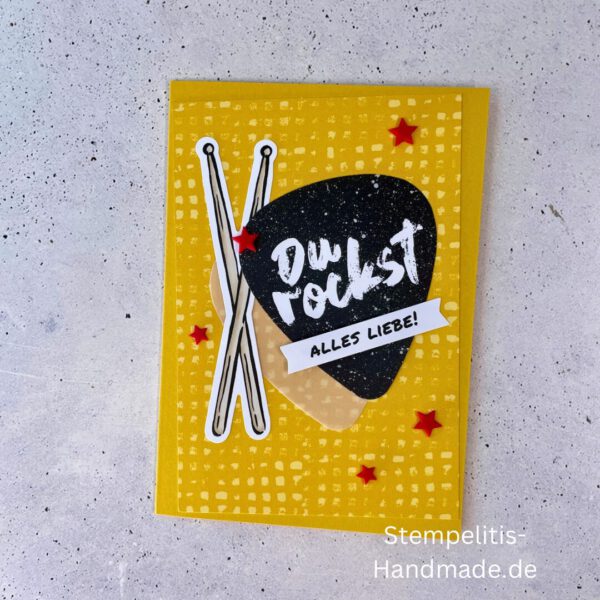 Fitarre handgemacht, Du bist legendär, You. are legend, Stampin Up, Acrylakzente, Sterne, Männerkarte, Geburtstagskarte, Unikat, Grußkarte, Karte für Männer, Handmade, Geschenkidee, Musiker, Musik, Rock, Kartenbasteln