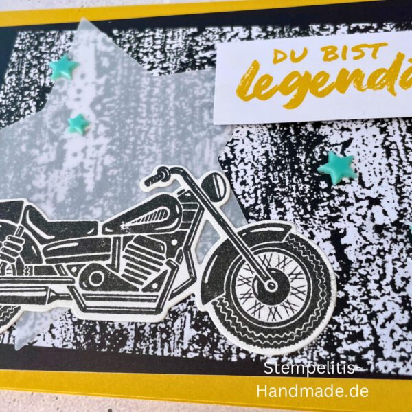 Motorradkarte, handgemacht, Du bist legendär, Stampin Up, Acrylakzente, Sterne, Männerkarte, Biker, Geburtstagskarte, Unikat, Grußkarte, Karte für Männer, Handmade, Geschenkidee, Motorradfahrer, Kartenbasteln