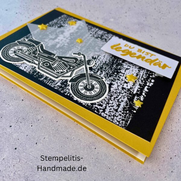 Motorradkarte, handgemacht, Du bist legendär, Stampin Up, Acrylakzente, Sterne, Männerkarte, Biker, Geburtstagskarte, Unikat, Grußkarte, Karte für Männer, Handmade, Geschenkidee, Motorradfahrer, Kartenbasteln